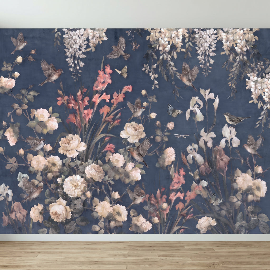 Navy Blue Floral Birds Vintage Chinoiserie White Roses Pink Flowers Flying Birds Butterflies Botanical Wall Mural