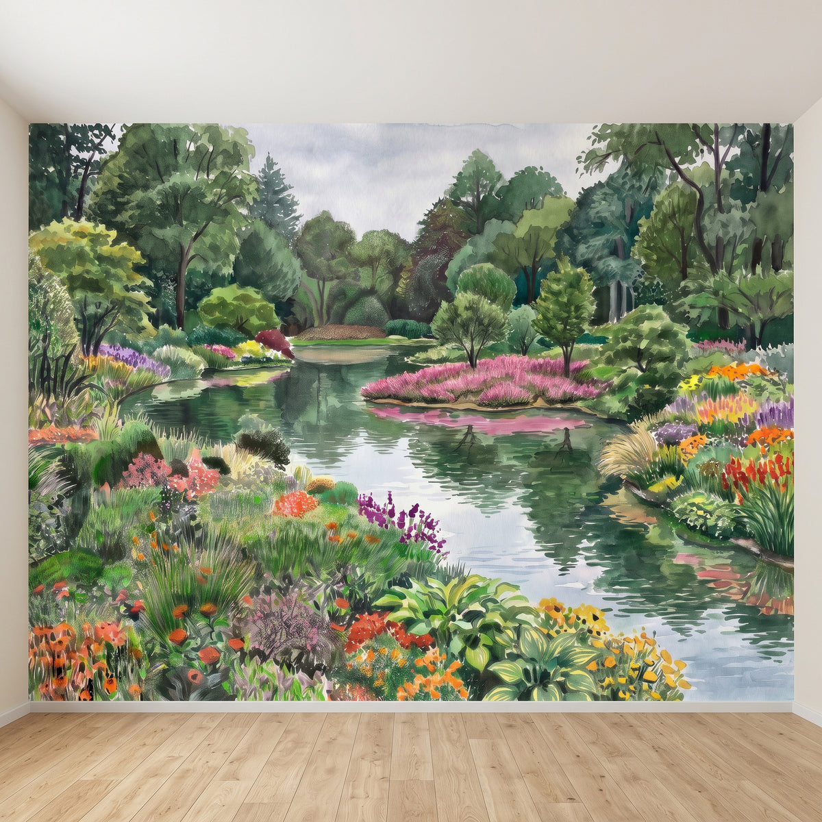 Colorful Flower Garden Pond Lush Green Trees Pink Purple Wildflowers Tranquil Lake Watercolor Landscape Wall Mural