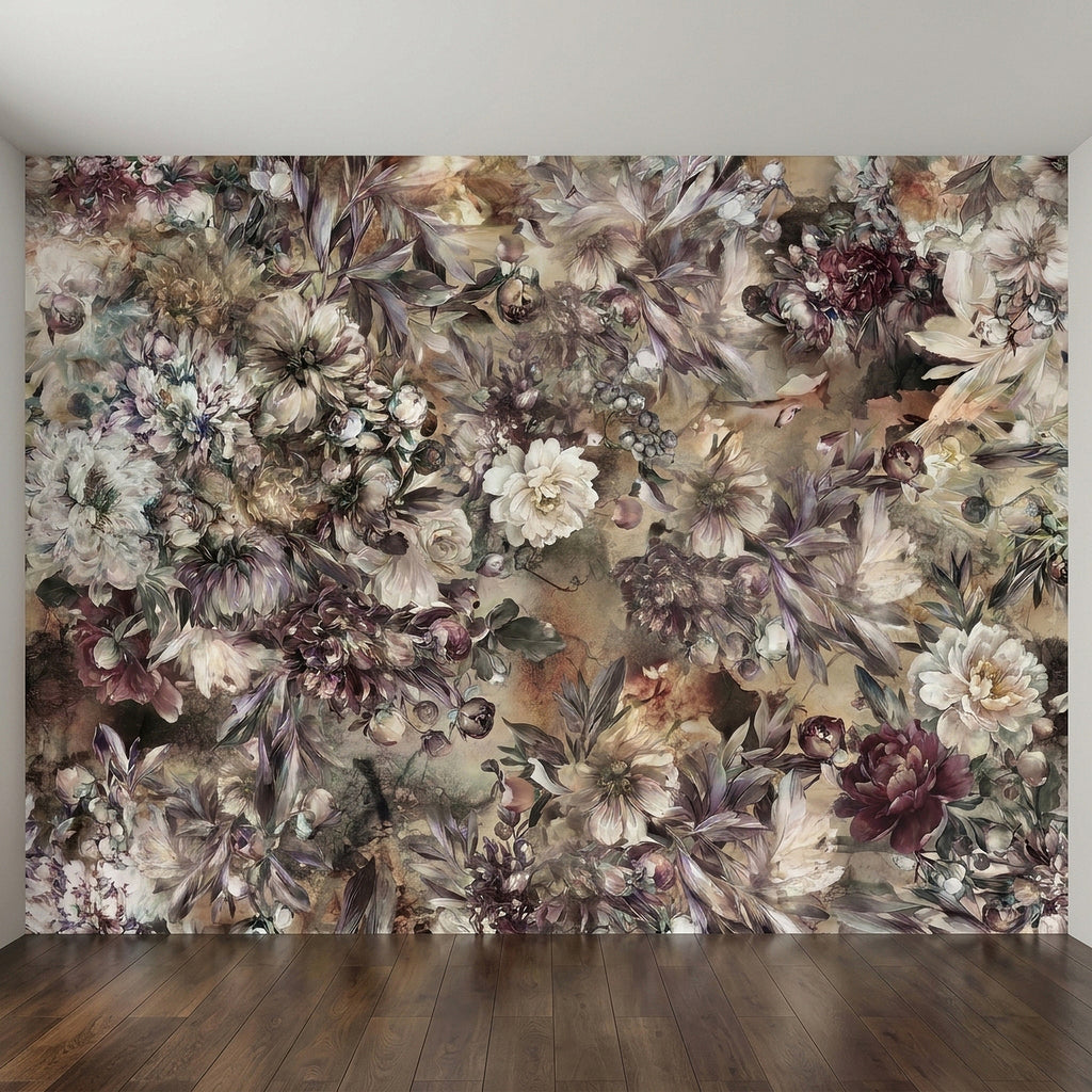 Floral wall mural panel featuring vintage peonies and chrysanthemums in warm, faded colors