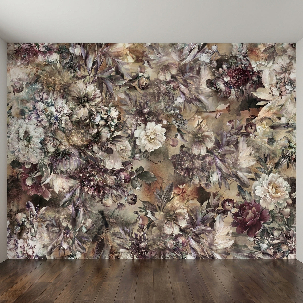 Floral wall mural panel featuring vintage peonies and chrysanthemums in warm, faded colors