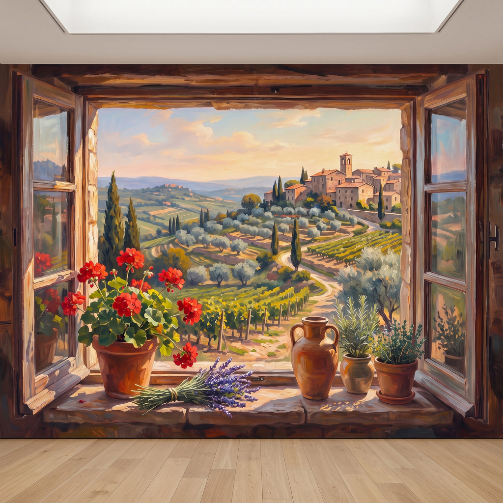 Tuscan landscape window wall mural with potted herbs, pottery, and cypress-lined fields