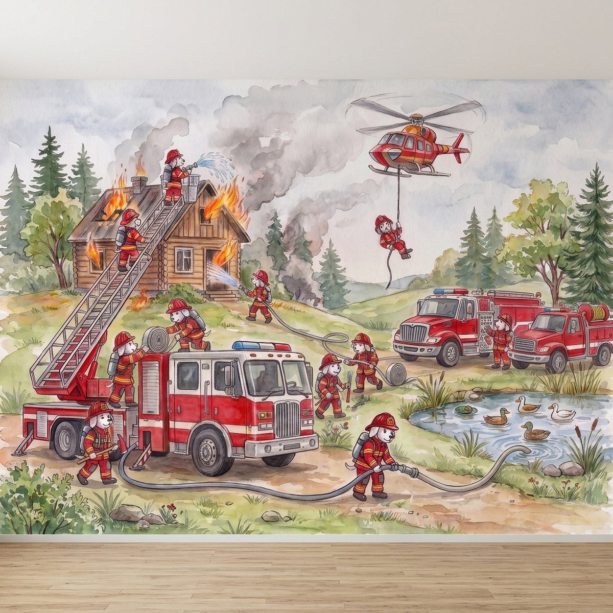 Firefighter wall mural close view: red fire trucks, firefighters, burning house, rescue helicopter