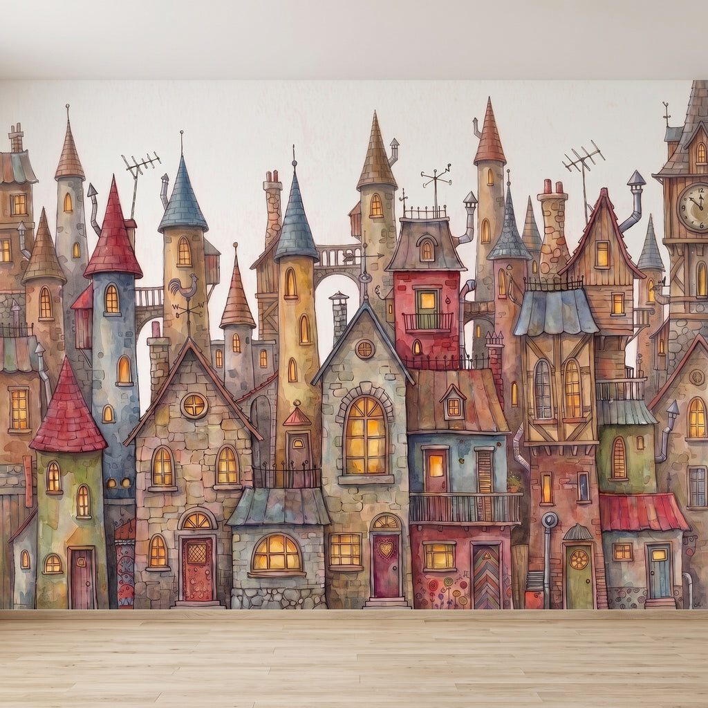 Watercolor fairytale village wall mural with colorful castle houses and tall spires