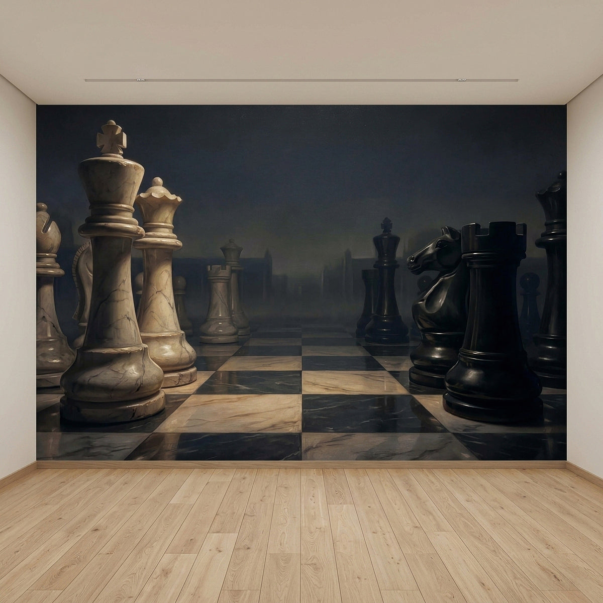 Chessboard wall mural with oversized light and dark chess pieces on a wide checkered board