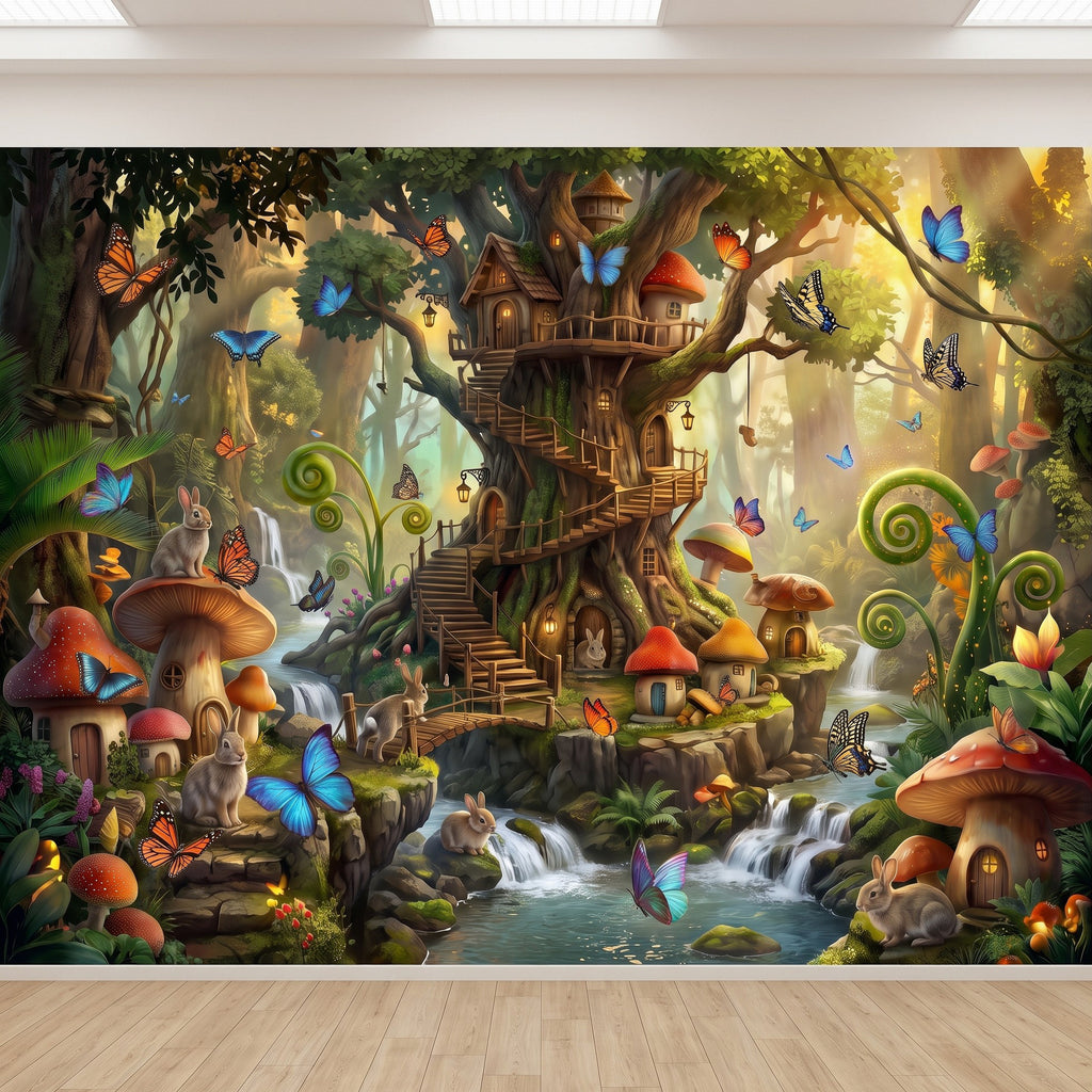 Whimsical woodland wall mural with glowing treehouse village, butterflies, mushrooms, and rabbits