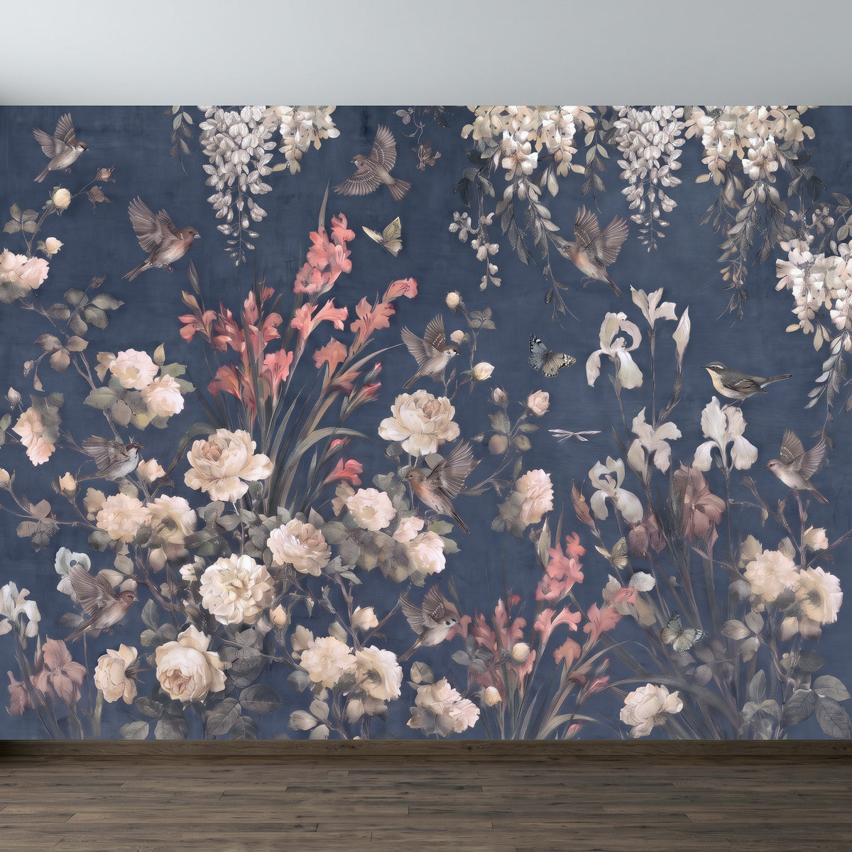 Navy Blue Floral Birds Vintage Chinoiserie White Roses Pink Flowers Flying Birds Butterflies Botanical Wall Mural
