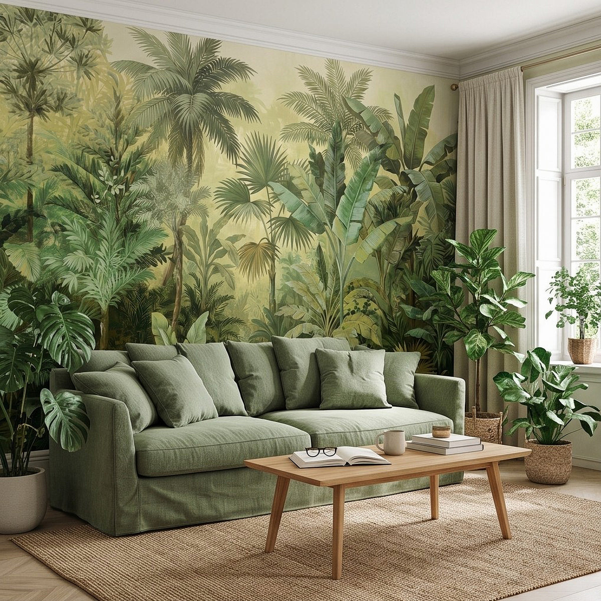 Tropical jungle wall mural backdrop with palm fronds and banana leaf accents