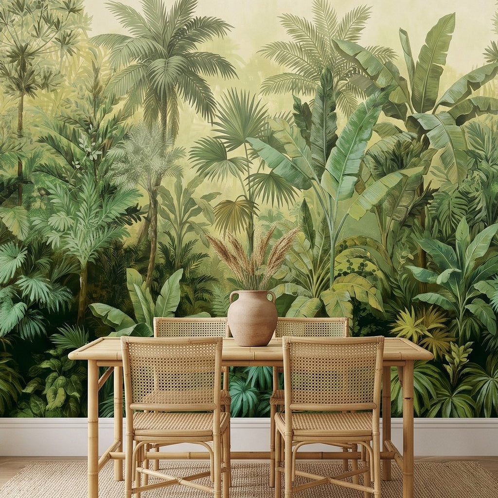 Tropical rainforest wall mural showing palm and banana leaves behind wicker patio chairs
