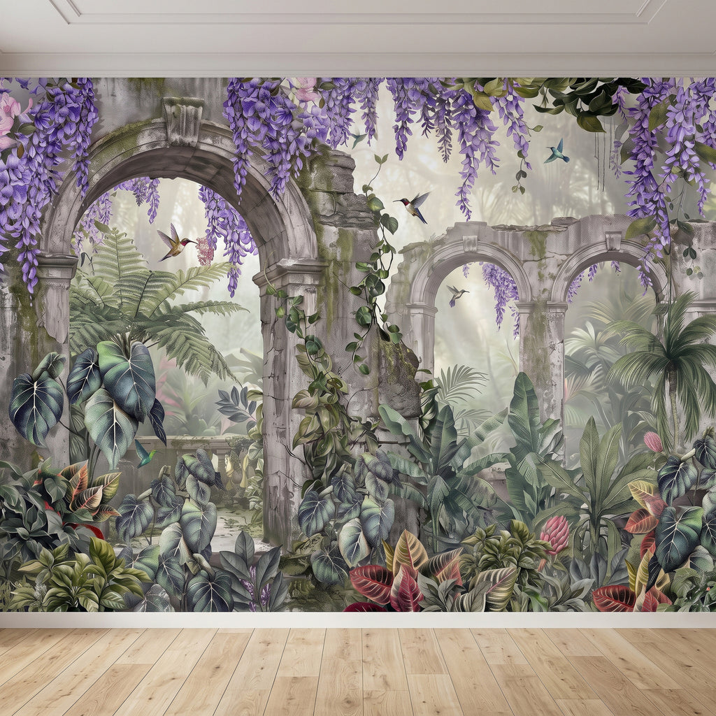Wide tropical wall mural with stone arches, purple wisteria blooms, and lush rainforest plants
