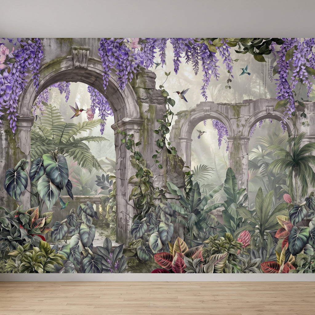 Close view tropical wall mural with stone arches, purple wisteria vines, and layered foliage