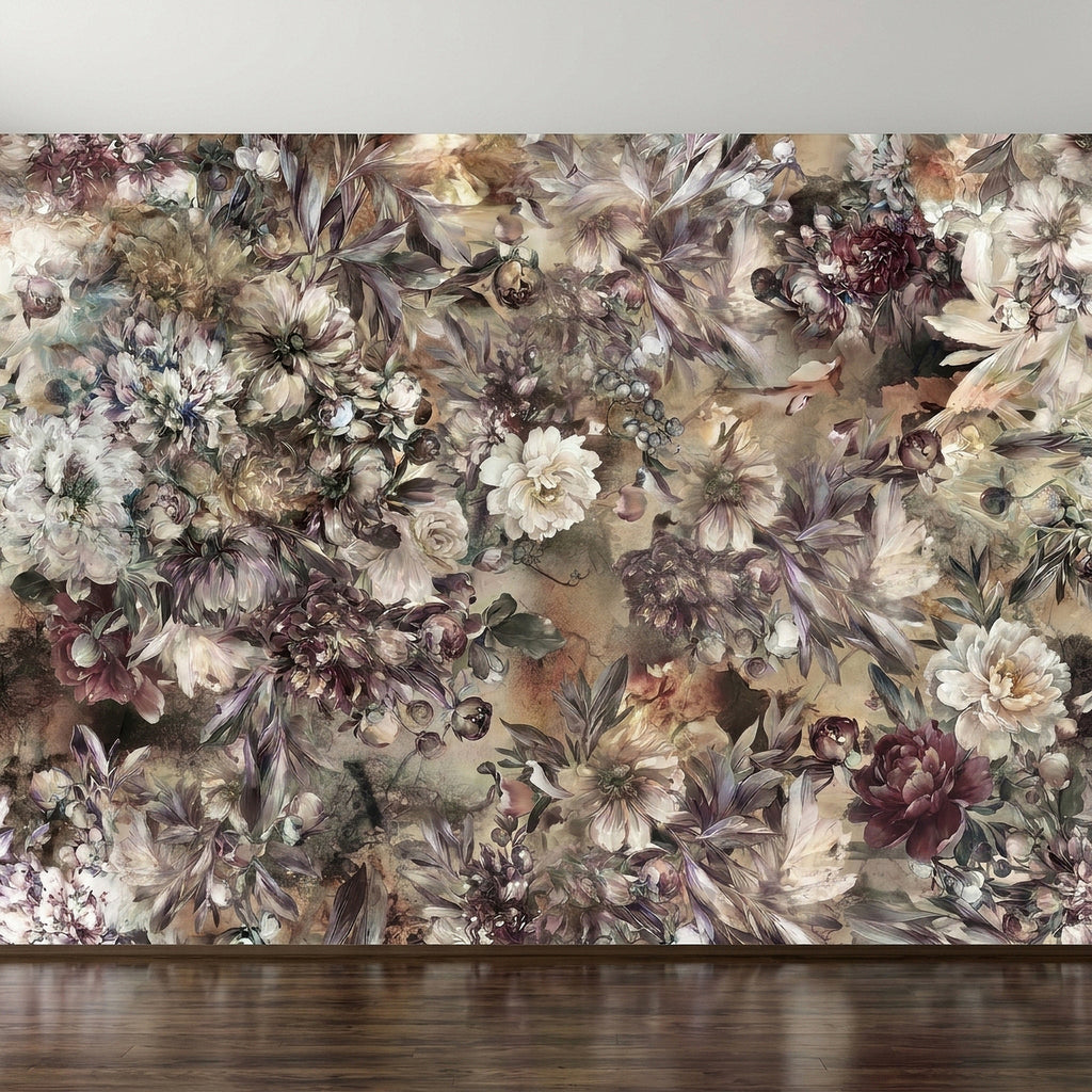 Tight crop of vintage botanical floral wall mural with pale cream, mauve, and taupe blooms