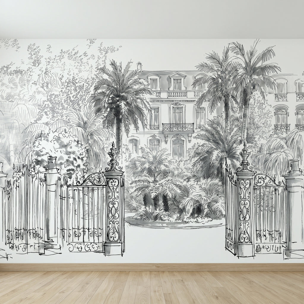 Black-and-white tropical wall mural panel with ornate gate bars and palm tree landscaping