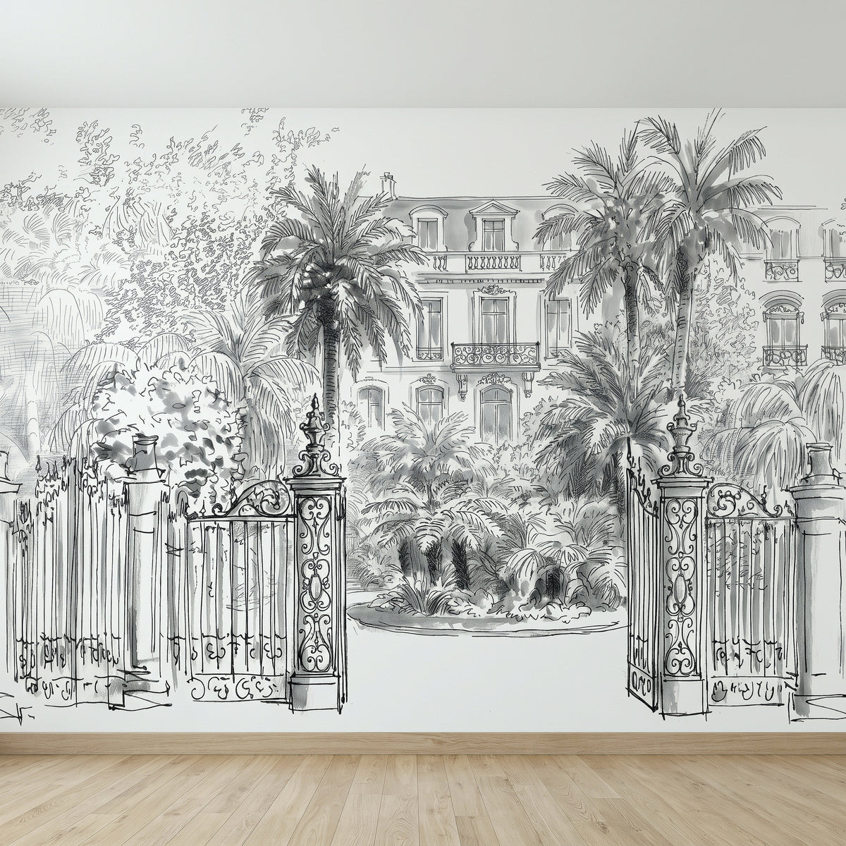 Black-and-white tropical wall mural panel with ornate gate bars and palm tree landscaping