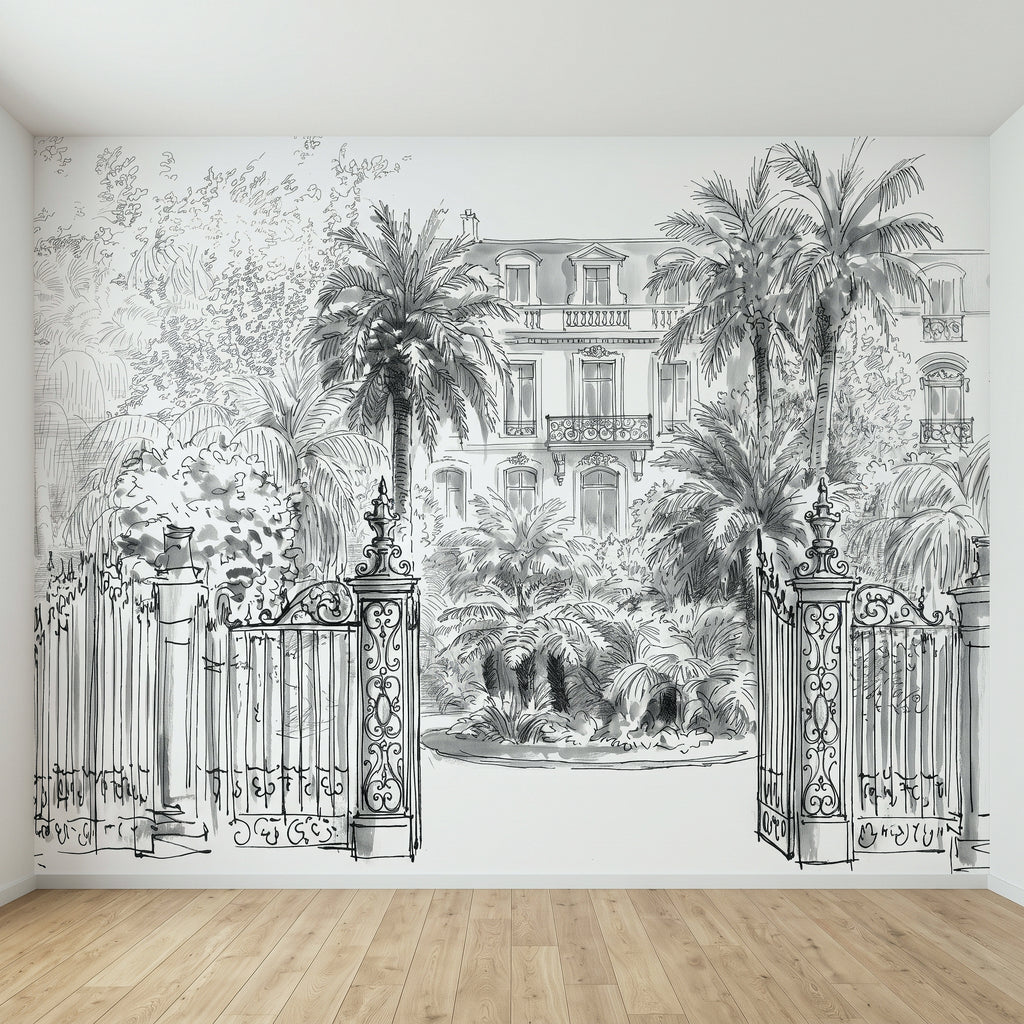 Black-and-white tropical wall mural with ornate open gate, palms, and villa building sketch