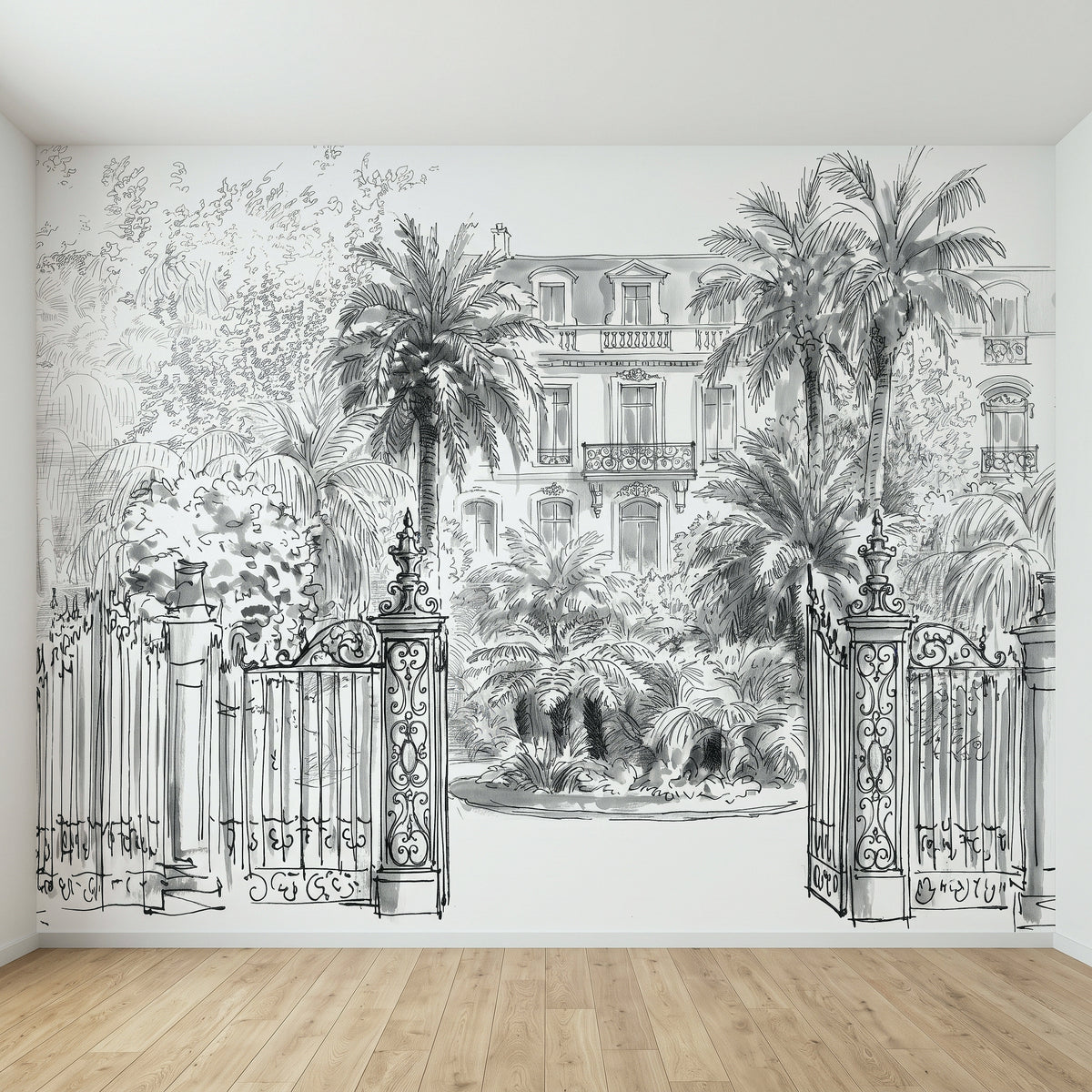 Black-and-white tropical wall mural with ornate open gate, palms, and villa building sketch