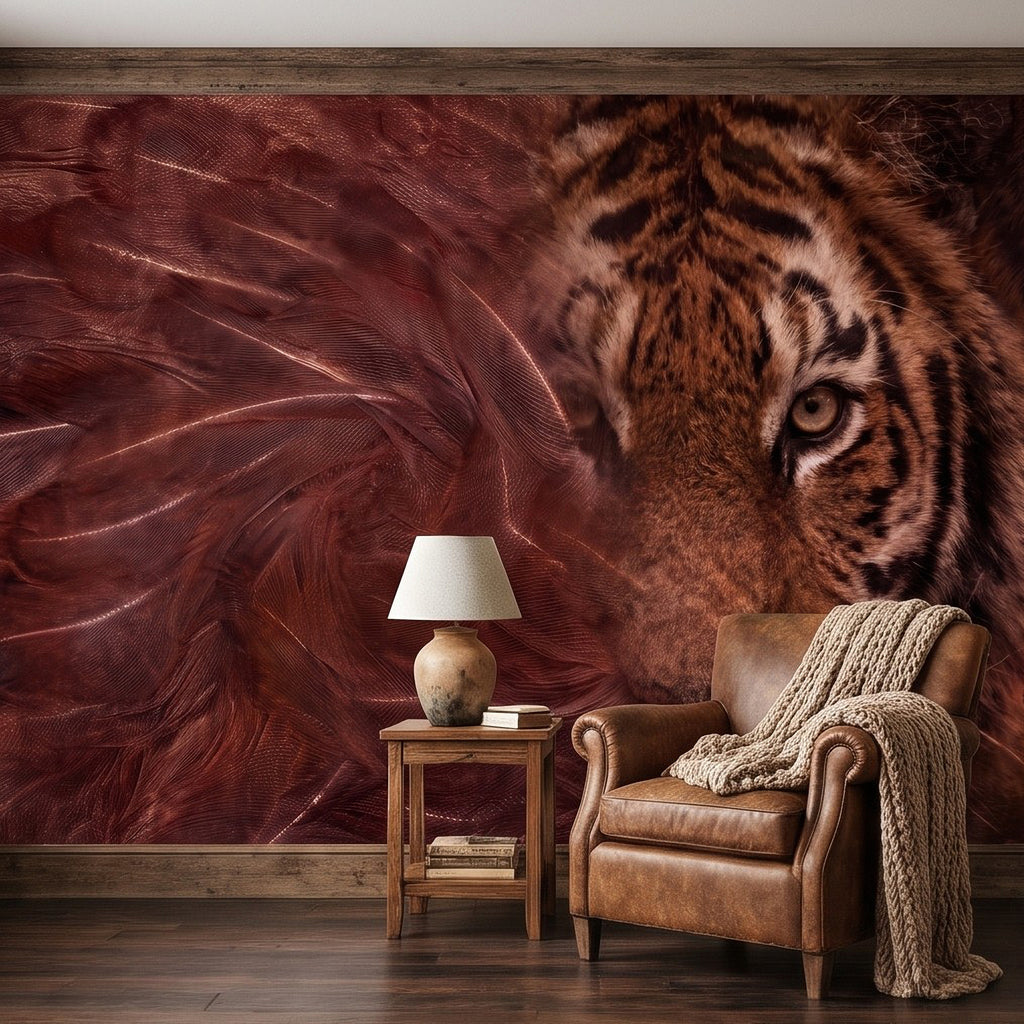 Tiger face wall mural with brown-red feather texture, shown behind an armchair