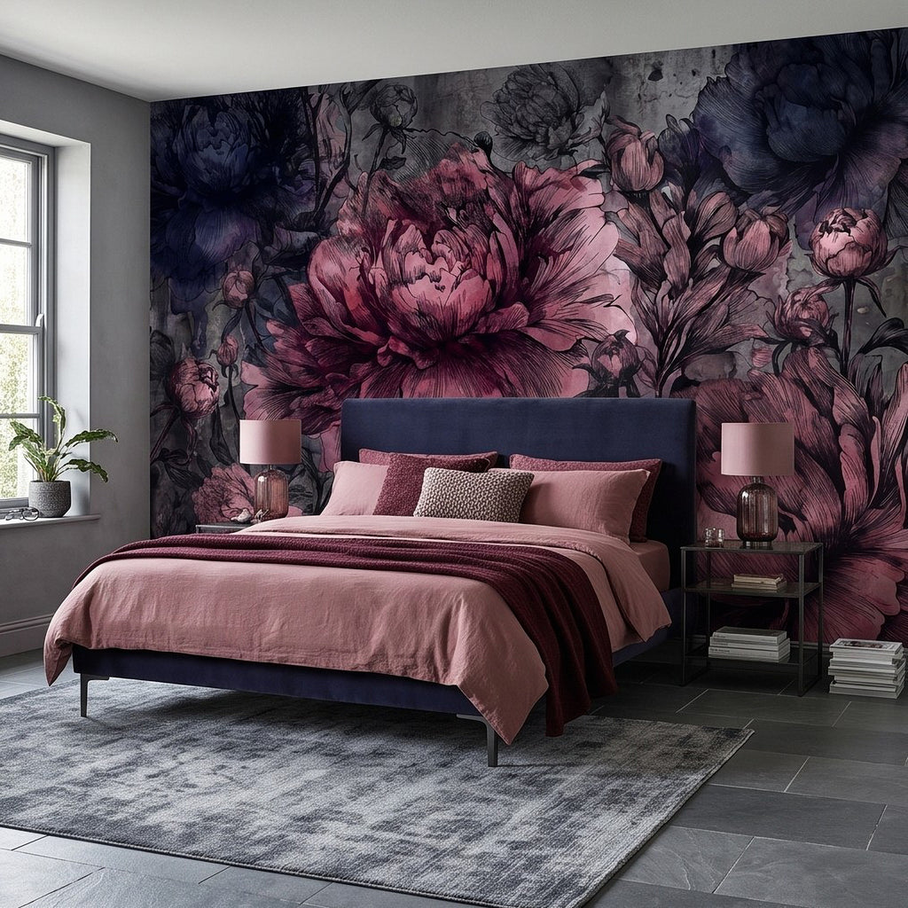 Pink peony botanical wall mural with dark navy-gray background and scattered blossoms.