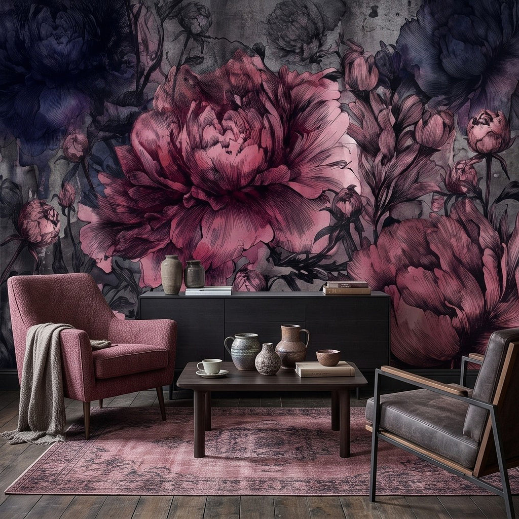 Peony flower wall mural with pink blooms and dark blue-violet foliage