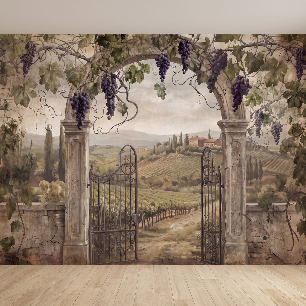 Vineyard gate wall mural featuring grape vines, stone columns, and rolling hills