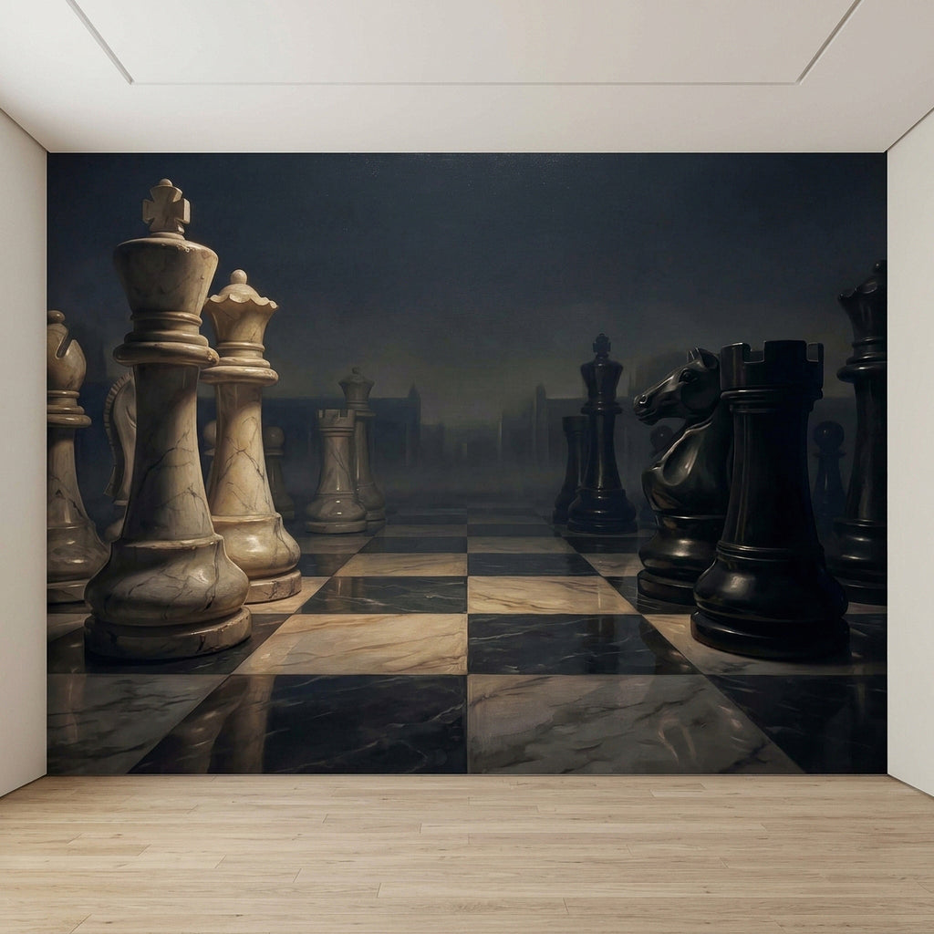 Chessboard wall mural close-up of giant chess pieces and marbled checkered tiles