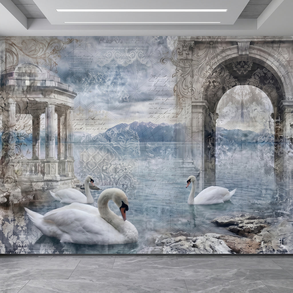 Blue-gray architectural wall mural with swans in front of arches and distant mountains.