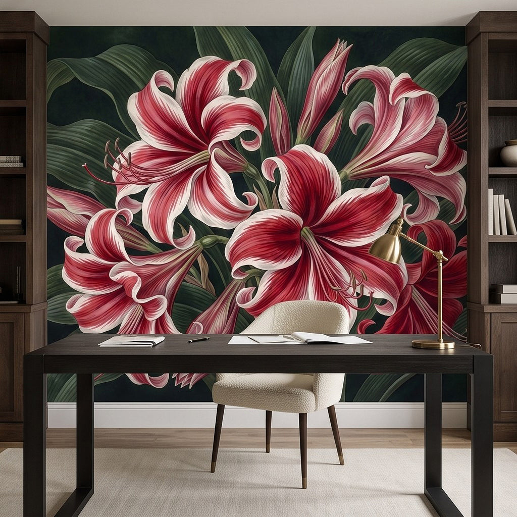 Vintage-style lily wall mural featuring bold red and white flowers on dark green background.