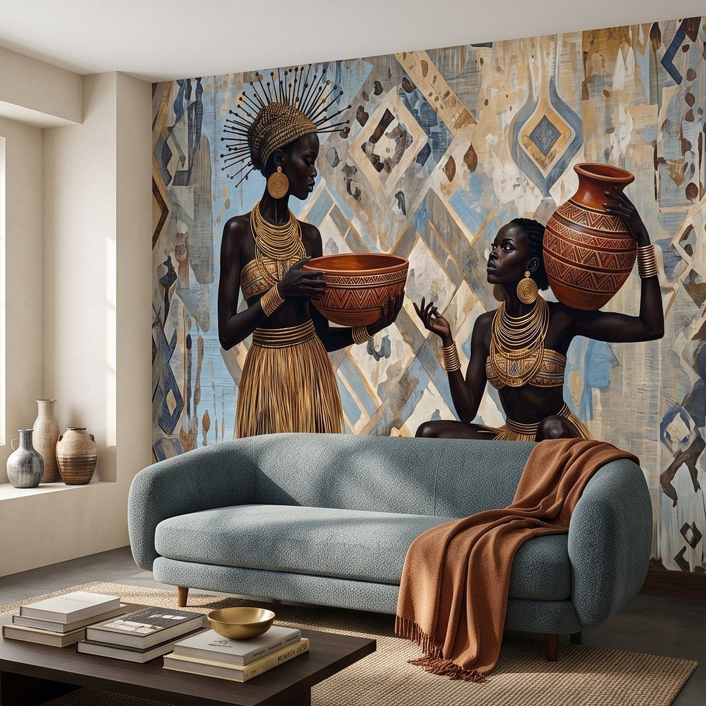 African tribal wall mural with two women and clay pottery above a sofa wall