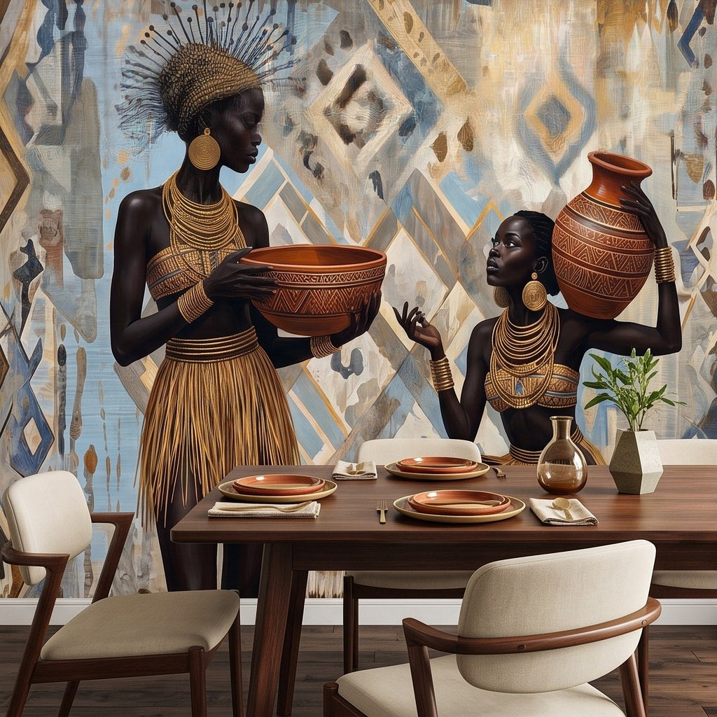 African tribal wall mural of two women and a large decorative clay vase