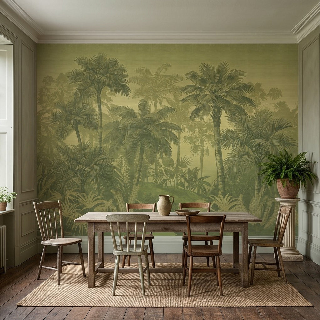 Olive green palm and jungle foliage wall mural across a full dining room wall