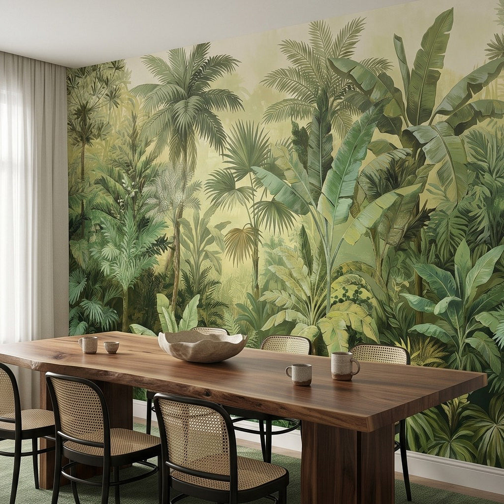 Tropical wall mural with lush palm and banana leaves in layered green shades