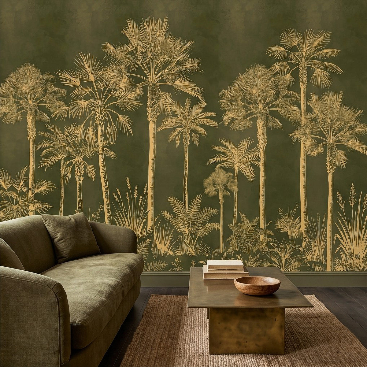 Olive green tropical wall mural with tall golden palm trees and jungle undergrowth