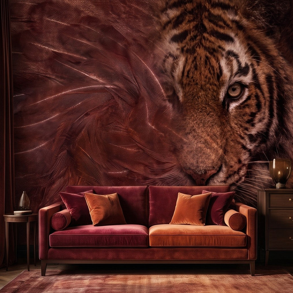 Tiger wall mural with brown-red feather texture and tiger eye, centered on the sofa wall