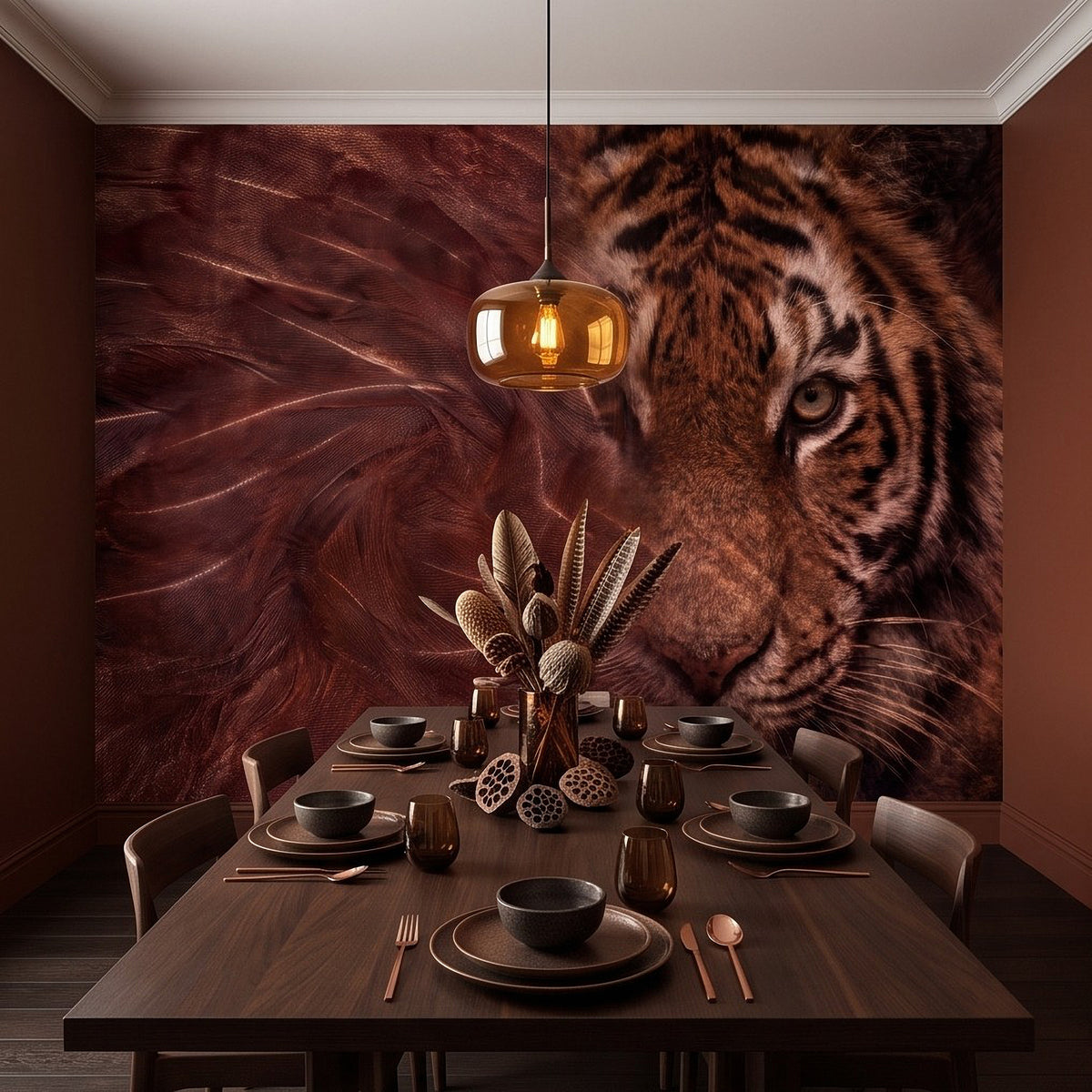 Tiger portrait wall mural with brown-red feather texture, dining room wall feature