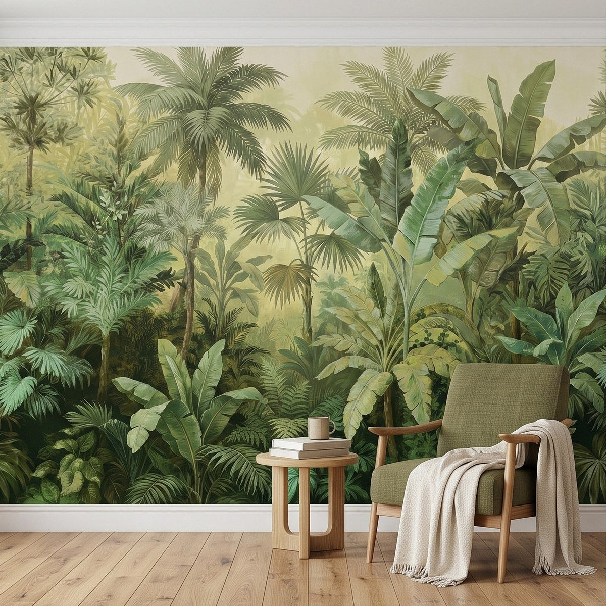 Tropical jungle wall mural with banana leaves, palms, and layered green botanical detail