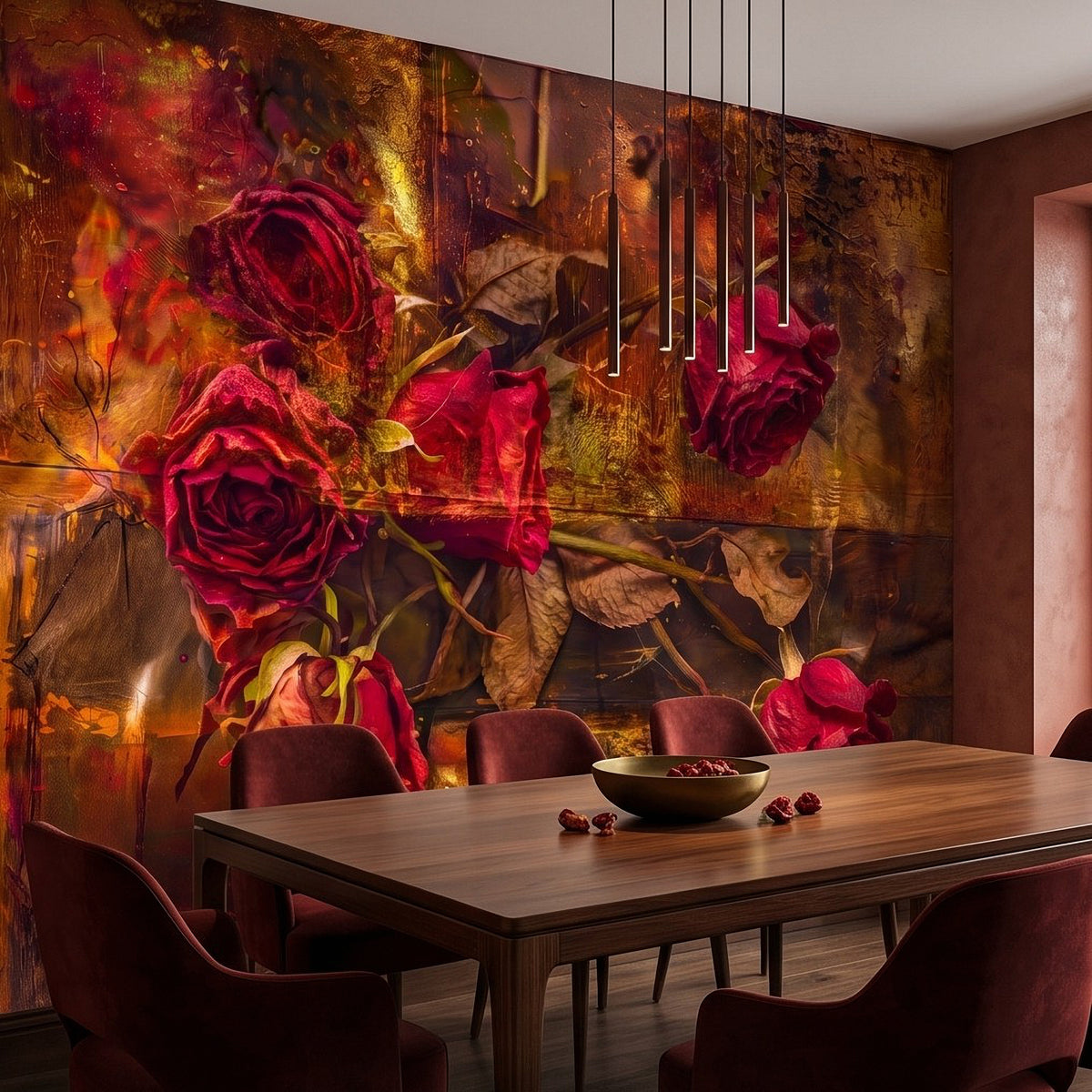 Rose floral wall mural with burgundy roses and distressed vintage botanical design
