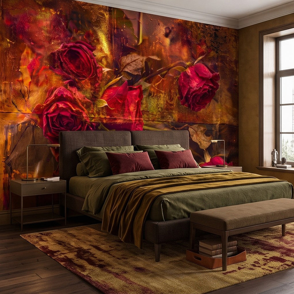 Red rose wall mural with distressed warm amber and dark burgundy background, layered blooms