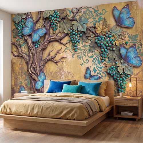 Botanical wall mural showing blue butterflies and turquoise grapevine clusters on aged beige