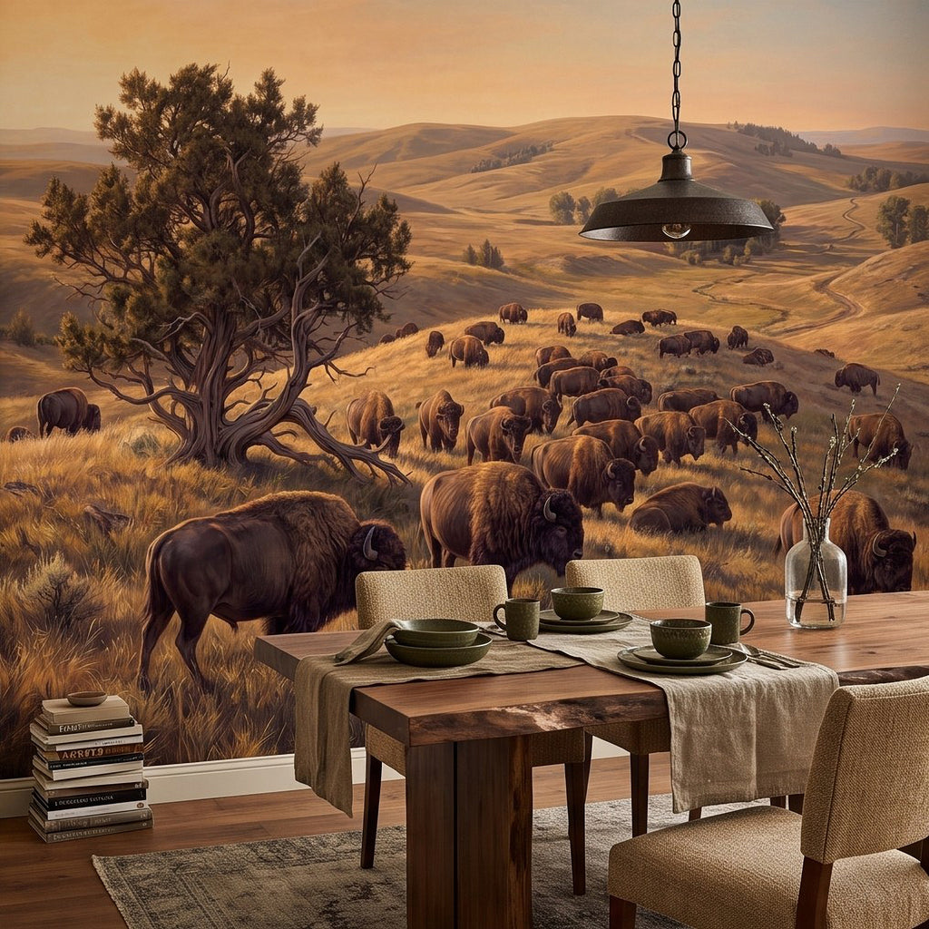 Buffalo herd prairie wall mural with lone tree and foreground buffalo