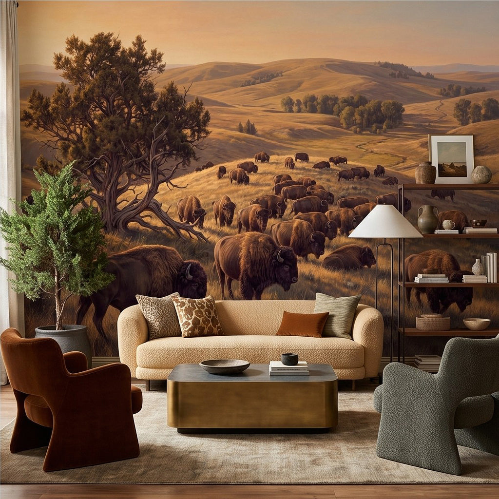 Buffalo herd prairie wall mural with wide landscape and cattle in grass