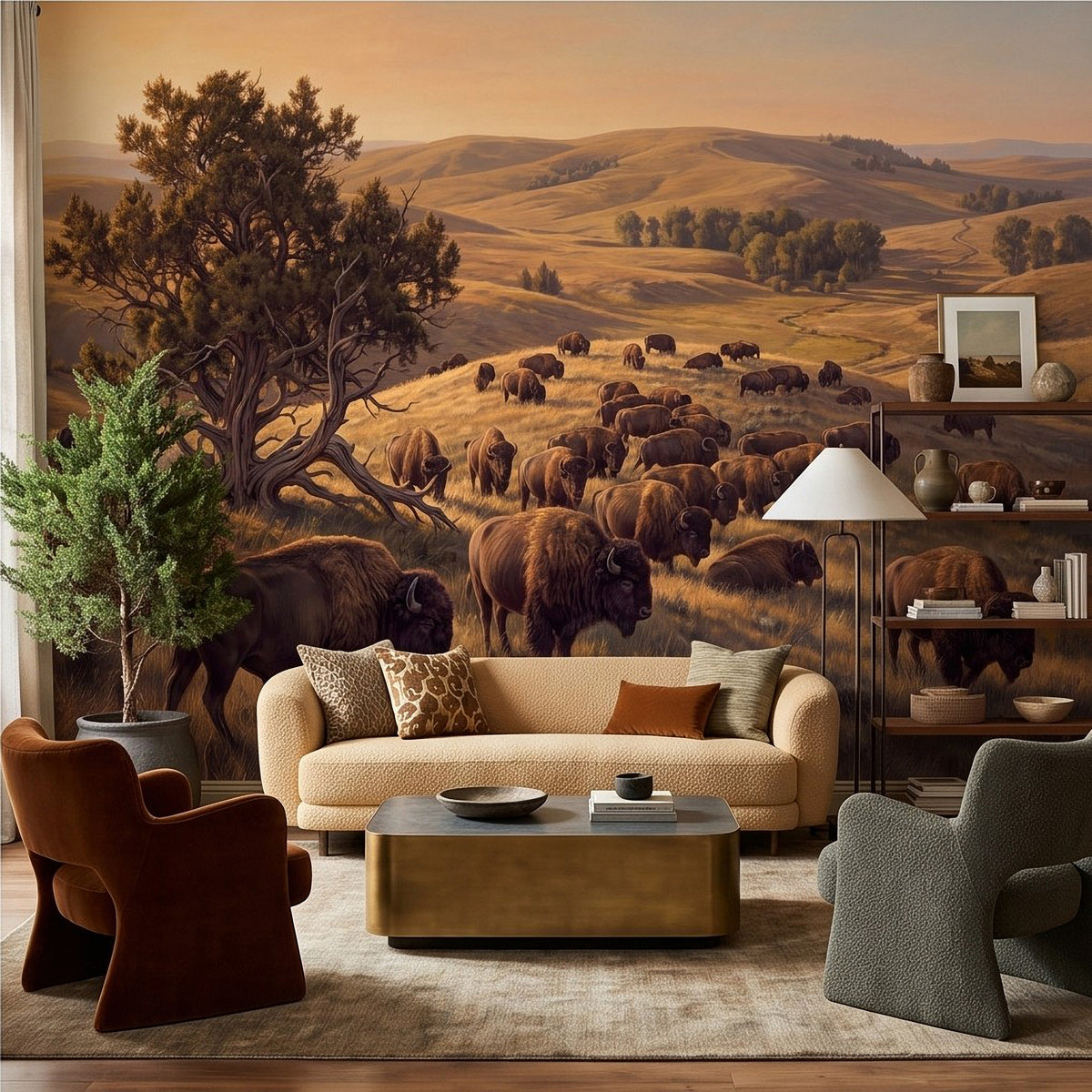 Buffalo herd prairie wall mural with wide landscape and cattle in grass