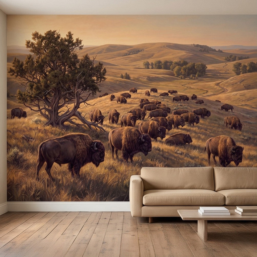 Buffalo herd prairie landscape wall mural with tree and rolling hills over grass