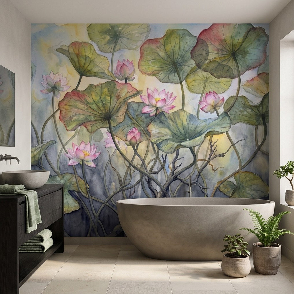 Watercolor lotus pond wall mural featuring pink flowers and layered green lily pads