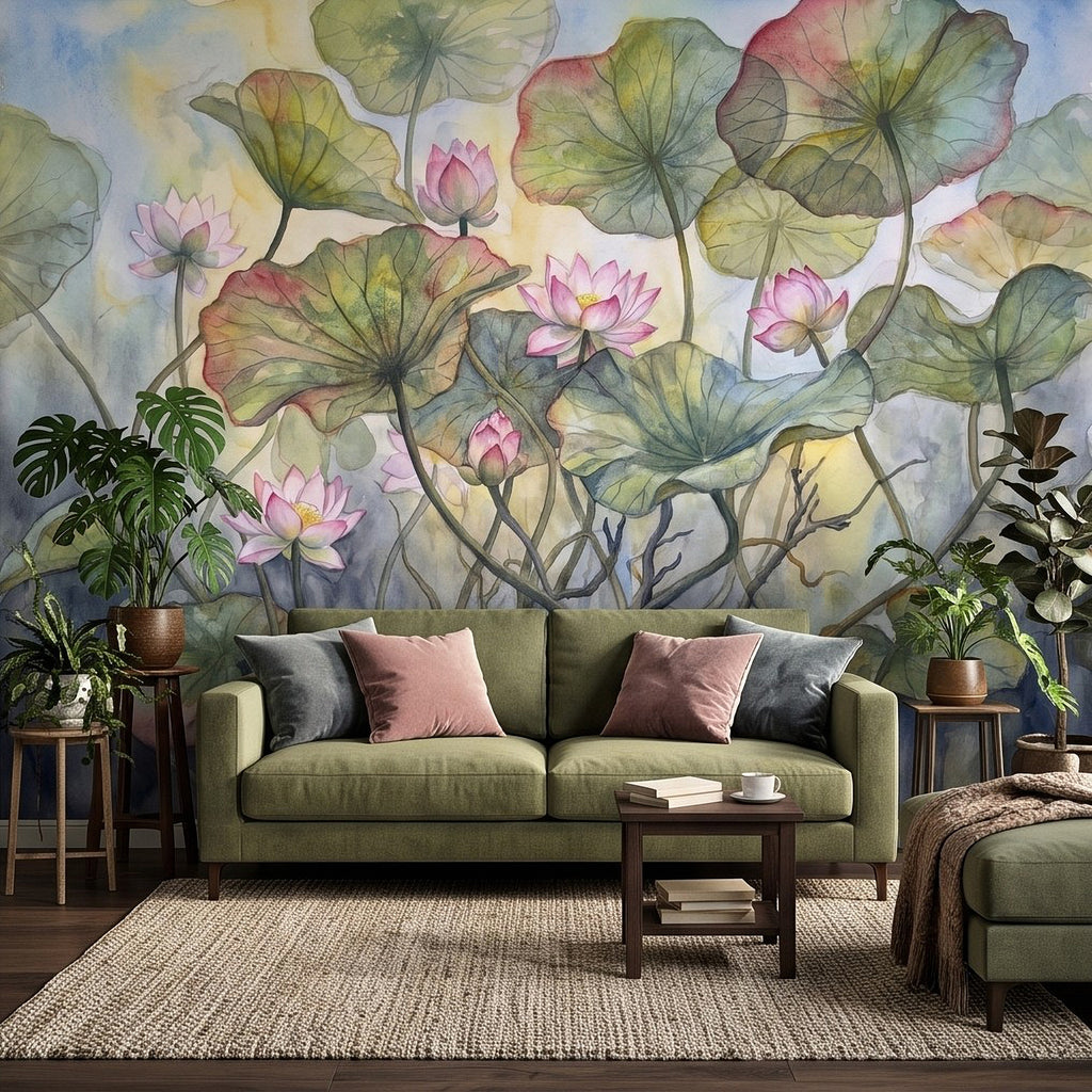 Lotus pond wall mural with pink flowers and green lily pads in a watercolor wash