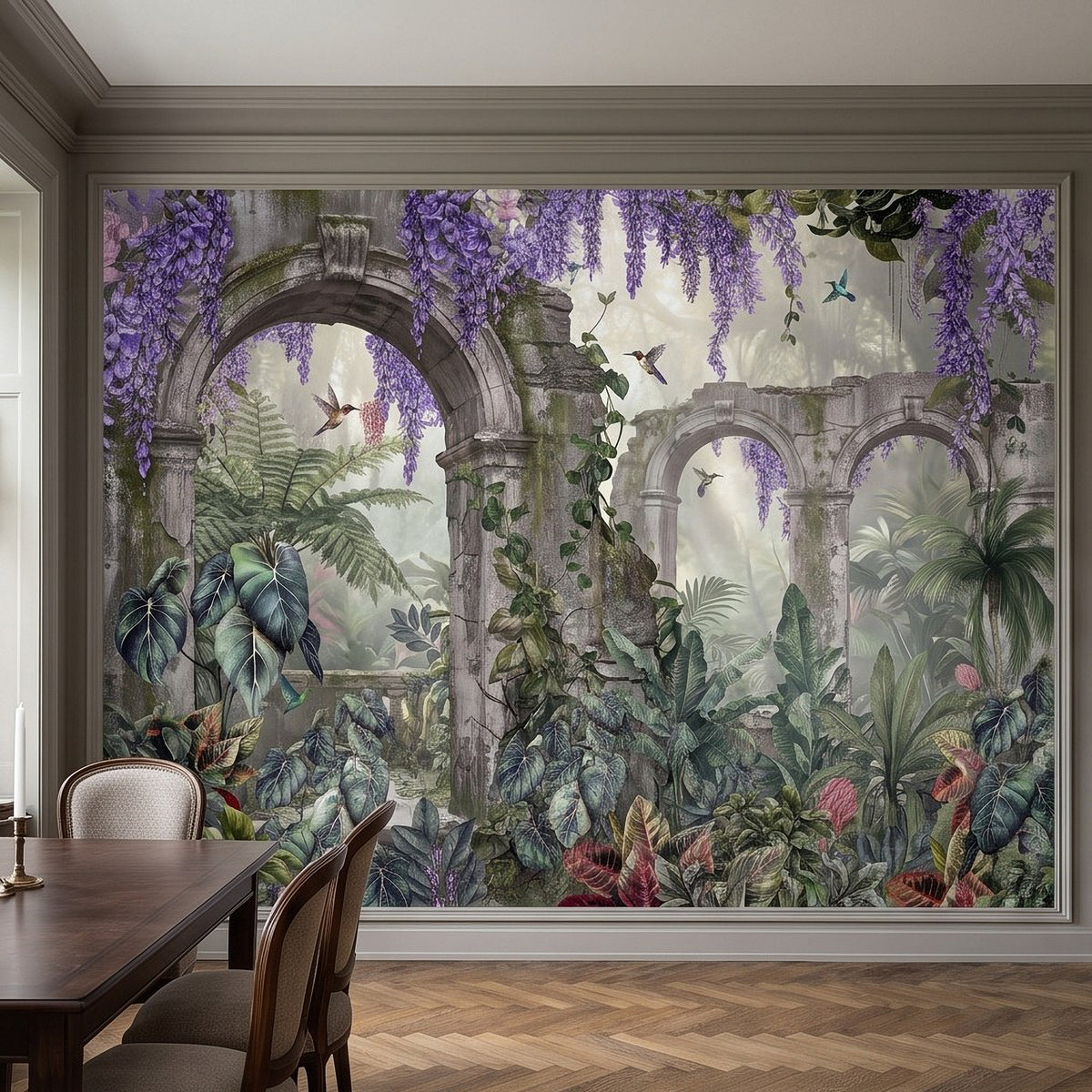 Tropical jungle wall mural with stone archways, purple wisteria garlands, and birds in flight