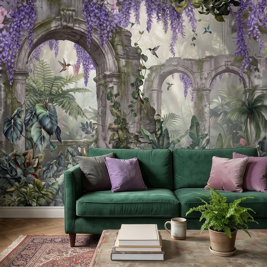 Tropical wall mural with green jungle leaves, purple wisteria clusters, and stone arches
