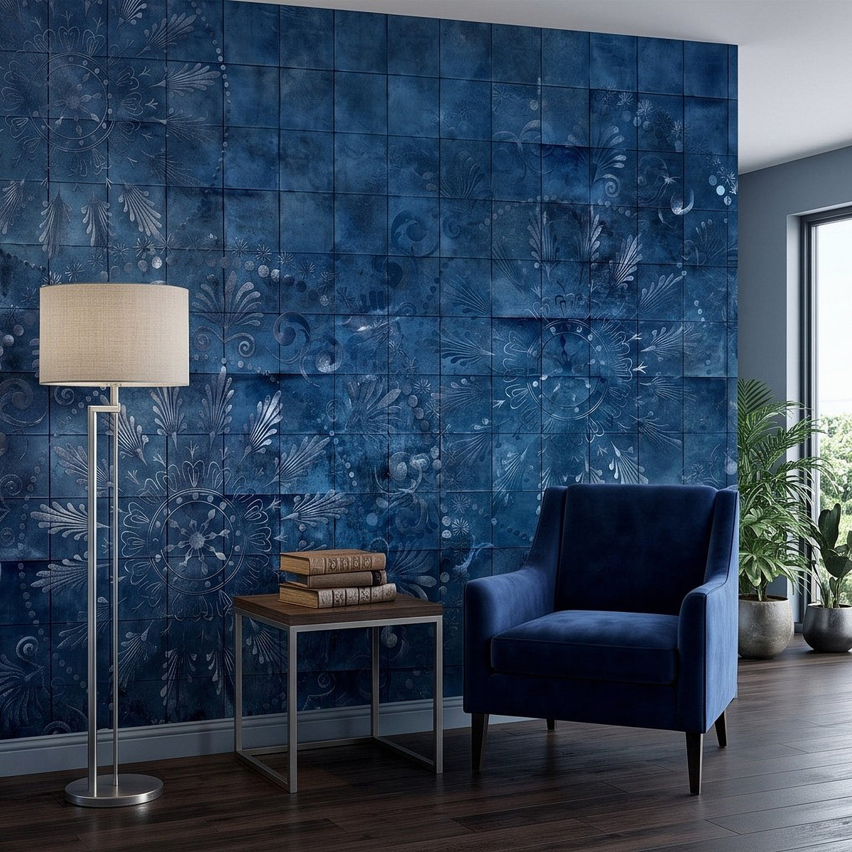 Blue ornamental tile wall mural with faded floral scroll motifs on the wall