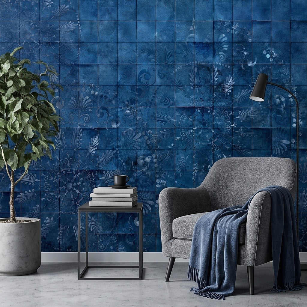 Blue tile wall mural with indigo floral patterns and distressed detailing on tile grid