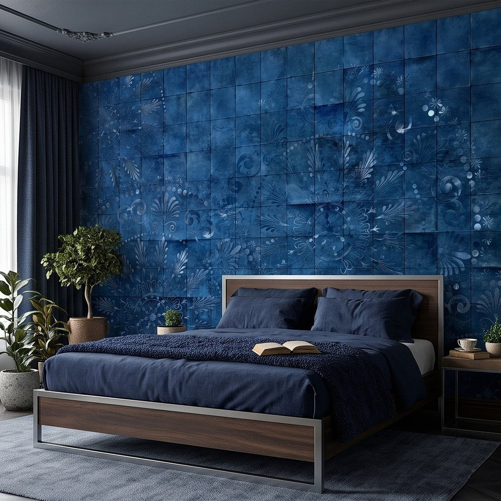 Blue tile wall mural with vintage floral ornament backdrop behind a bed