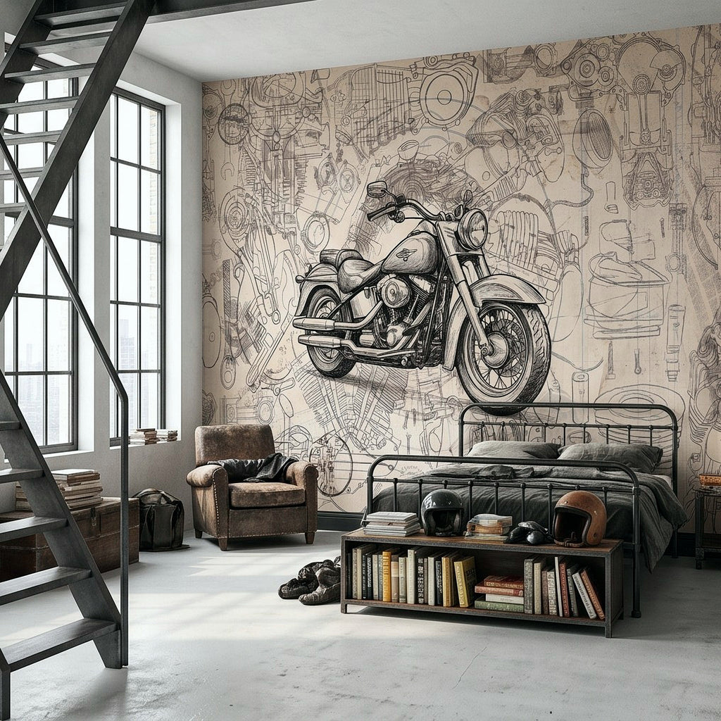 Motorcycle wall mural with vintage cruiser blueprint drawing and patterned workshop motifs