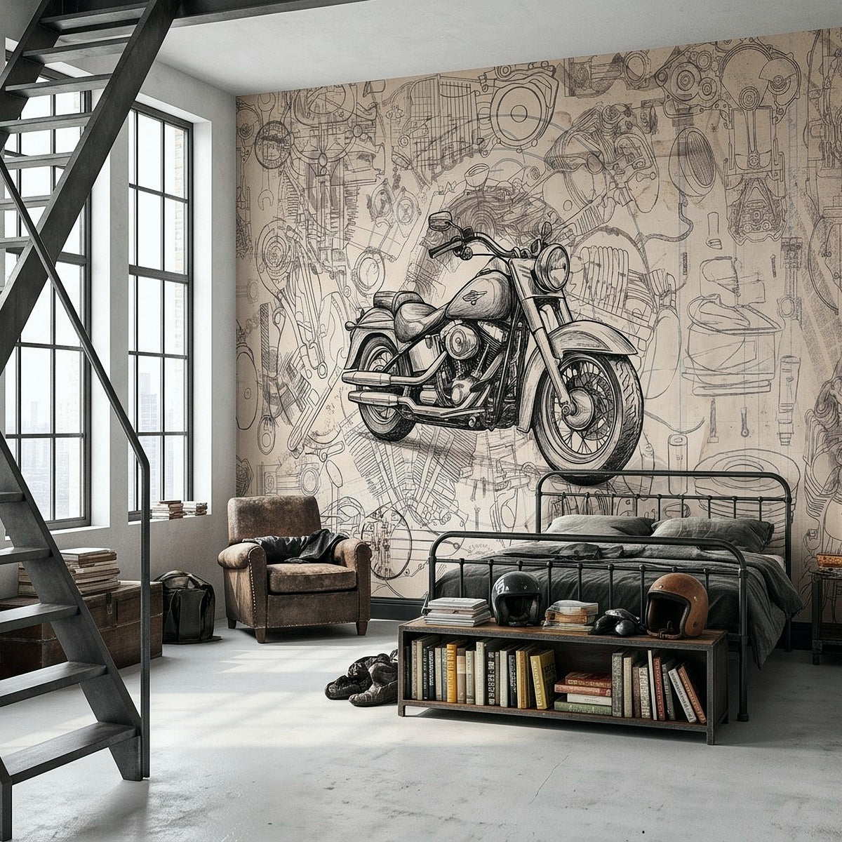 Motorcycle wall mural with vintage cruiser blueprint drawing and patterned workshop motifs